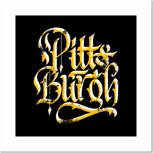 Pittsburgh Black and Yellow Calligraphy Script Wall Art by polliadesign